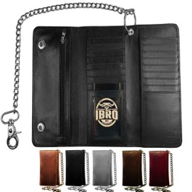 IBRO Motorcycle Chain Wallet for Men – Premium Cowhide Leather, RFID Tri-Fold Biker Wallet with Heavy Duty Chain for Bikers Truckers & Hunters, Credit Card Money Organizer Long Wallet Black
