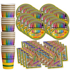 Crayon - Juego de suministros para fiesta de cumpleaños, platos, servilletas, tazas, vajilla para 16
