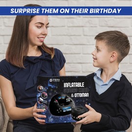 FranFusion Inflatable Gaming Chair for Kids & Teens with Cup Holders and Side Pocket - This Air Bean Bag Game Chair is The Perfect Furniture for Gamer Room Décor (Gaming Time with Ottoman)