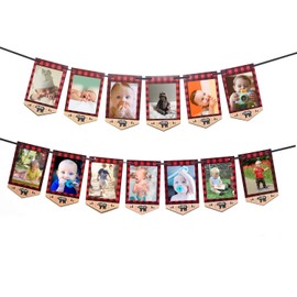 Lumberjack First Birthday Photo Banner Baby Monthly Photo Prop Buffalo Plaid Camping Bunting Garland, Woodland Party Decor