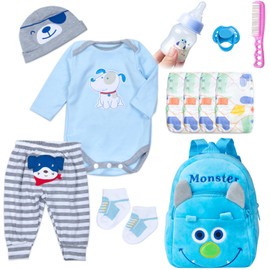 PEDOLLTREE 12 Pcs Set Reborn Baby Doll Clothes Accessories Blue Puppy Outfit Set for 18-22 Inch Newborn Baby Boy Reborn Doll Clothes with Monster Backpack