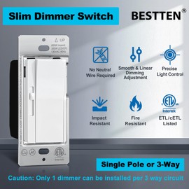 [6 Pack] BESTTEN Slide Dimmer Light Switch, Super Slim Single Pole or 3 Way Dimmable Switch, Max 300W LED or CFL, 600W Incandescent, cETL Listed, White
