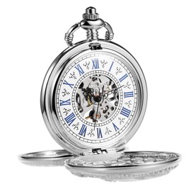 TREEWETO Mens Antique Skeleton Mechanical Silver Pocket Watch Dragon Hollow Hunter with Chain and Box