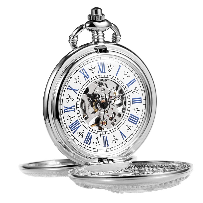 TREEWETO Mens Antique Skeleton Mechanical Silver Pocket Watch Dragon Hollow
