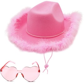 4E's Novelty 4E's Novelty Pink Cowboy Hat with Feathers with Heart Shaped Sunglasses for Women, Felt Pink Cowgirl Hat for Party Costume Dress Up