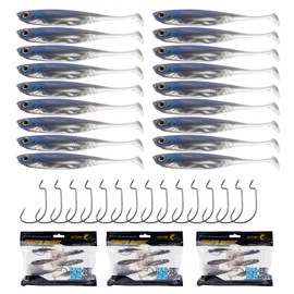Goture Soft Plastic Baits with Worm Hooks Kit 33pcs, Paddle Tail Swimbaits, Fishing Drop Shot Shad Lures, Soft Jerk Shad Baits Jerkbait Minnow Baits for Bass Trout Blue 3.14in