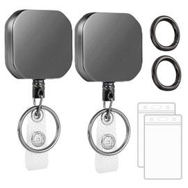 Mtxorvix 2 Pack Metal Heavy Duty Retractable Badge Holders Reel with Carabiner Key Chain Keychain and Waterproof Vertical Clear ID Card Holders, 27.5 inches Reinforced Wire Cord (Square)