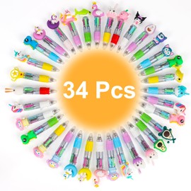 Multicoloured Ballpoint Pen, Pack of 34 4-in-1 Retractable Ballpoint Pens, Multicoloured Ballpoint Pen, Rainbow Pen, Coloured Cartoon Animal Ballpoint Pens for Children, Cute Gifts (Multicoloured)