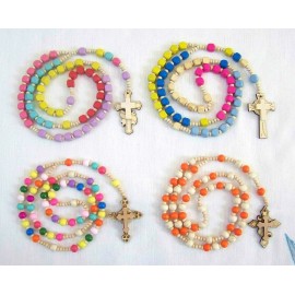 4 Pcs Set Multi-Color Square Round Wooden Beads Rosary Necklace Woodcut Cross