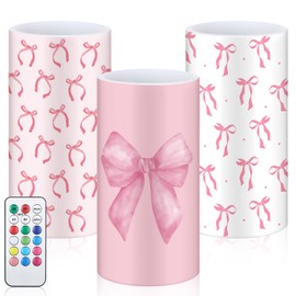 Retisee 3 Pcs Coquette Pink Bow Flameless LED Candles with Remote Pink Bow Room Decor 3x6 Inch Color Changing Battery Operated Pillar Candles for Party