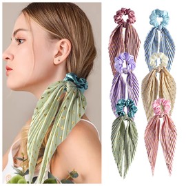 Handmade Creased Hair Band, 2Pack Vintage Ribbons Hair Ties, Ponytail Headbands for Women Girls, Hair Rings Ropes, Pleated Scarf Hair Scrunchie with Long Tails (Blue*Green)