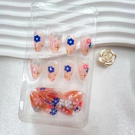 Flower Press on Nails Short Almond Fake Nails with Colorful Flower Designs Nude False Nails Press ons Glossy Glue on Nails Light Pink Stick on Nails for Women 30 Pcs
