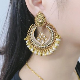 Vintage Jhumka Dangle Drop Earrings Pendant Necklace for Women Crystal Pearl Boho Traditional Bohemian Tassel Dangling Beaded Ball Earring Charm Indian Style Necklaces Bollywood Jhumki Ethnic Gypsy Wedding Party Oxidized Jewelry Gifts (Khaki)