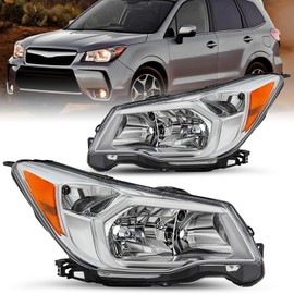 JSBOYAT Halogen Headlight Assembly Replacement for 14 15 16 Subaru Forester Headlamp Driver and Passenger Side Chrome Housing Amber Reflector