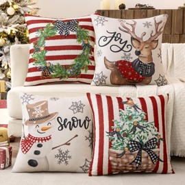 MIULEE - Juego de 4 fundas de almohada decorativas rojas de 20 x 20 pulgadas, fundas de almohada de muñeco de nieve de alce de feliz Navidad, fundas de cojín de invierno para decoración del hogar para