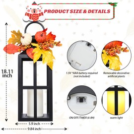 Fall Lanterns Decorative Indoor Outdoor, 2 Pack Black Metal Thanksgiving Lantern, 18.11 Inch Timer Harvest Autumn Candle Rings Flameless Lights with Pumpkin and Maple Leaf for Home,Farmhouse Decor