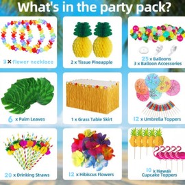 Hawaiian Party Decorations Set with Ballon,Hawaiian Grass Table Skirt, Palm Leaves, Hawaiian Flowers,Paper Pineapples,Flower Banners for Hawaiian Themed Beach Summer Tropical Party