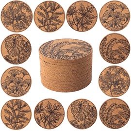 STARUBY Pack of 12 Cork Coasters, Cork Coasters for Drinks, Coasters for Coffee Table, Absorbent Coasters for Kitchen and Dining Room Decoration, Round, 10 cm in Diameter Leaves