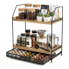 CECOMBINE Kitchen Shelf Worktop - 2 Levels Coffee Bar Organiser with Drawer Made of Wood and Metal, Standing Cup Rack for Coffee Station, Spice Rack for Kitchen, Office, Bathroom, Vintage Brown