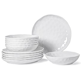 HOMBENE White Dinnerware Set 12 Piece Service for 6, Porcelain Dinnerware Sets, Over Size Plates Sets for Dessert Salad and Pasta, Dishes Set