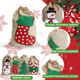Christmas Bags (35 x 50 cm, medium) - 4 Pack Christmas Drawstring Bags for Christmas Presents, 4 Designs Snowman, Tree, Boots, Christmas Stick