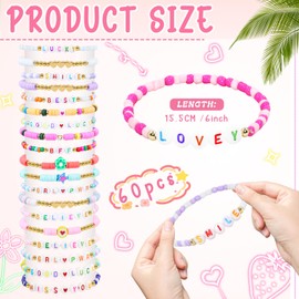 yesaior 60 pcs Colorful Friendship Bracelet, Stackable Elastic Cute Beaded Bracelets Preppy Bracelets Bulk Set for Women Gift (Friendship)