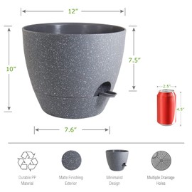 UOUZ 12 inch Large Self Watering Pots, Plastic Planters with 60oZ Removable Deep Reservoir and Multi Mesh Drainage Holes for Indoor Outdoor Garden Plants and Flowers, Grey Speckles