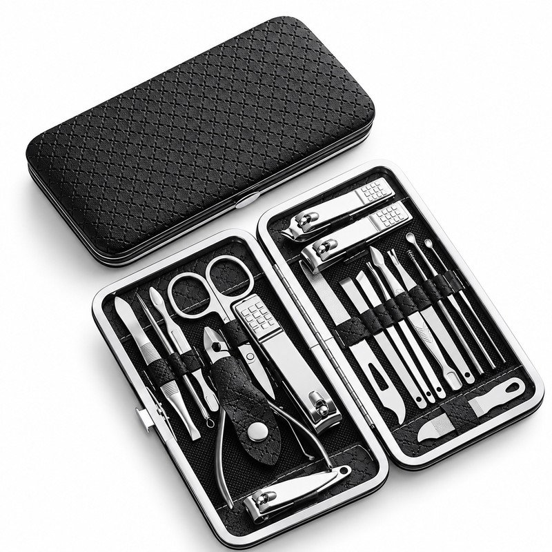 19-Piece Nail Clipper Set with Leather Case – Stainless Steel