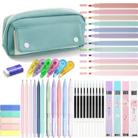 Ristpal 41 Pcs Big Capacity Pencil Pouch with Aesthetic School Supplies, 12 Pastel Highlighters, 5 Black Ink Gel Pens, 6 Mechanical Pencils Set, Sticky Notes, Stationary Set for Student (Green)
