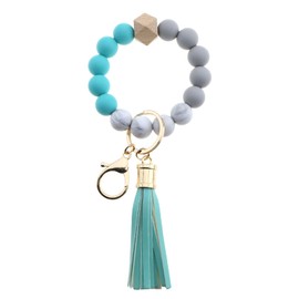 EMSea Keychain with Beaded Bracelet & Leather Tassel Creative Key Holder Portable Wristlet Bangle Chain Small Surprise Present Key Accessories Lake Blue