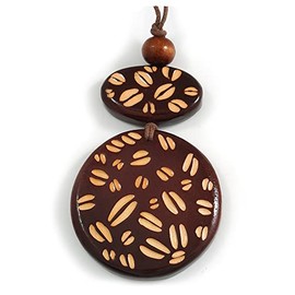 Avalaya Long Cotton Cord Wooden Pendant with Coffee Beans Motif In Dark Brown - 76cm L