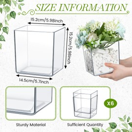 Tioncy 6 Pieces 6 x 6 Acrylic Square Vases for Centerpieces Clear Plastic Vase Cube Flower Vase Bulk for Wedding Centerpieces Home Office Floral Plant Succulent Pots Planters