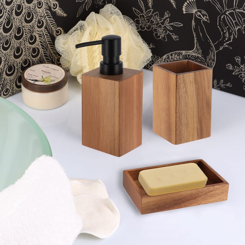 Acacia Soap Dish Cup Dispenser Tray