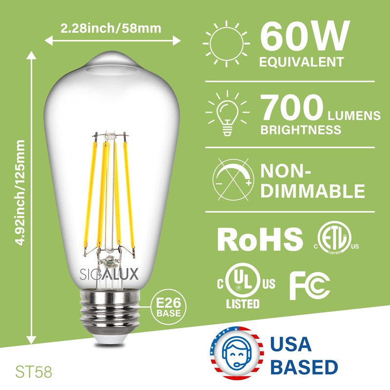 Sigalux Edison Bulbs, E26 LED Bulb ST58 Filament Clear Non-Dimmable