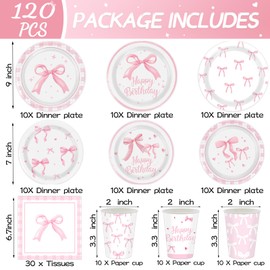 Pink Bow Birthday Party Supplies 120pcs Disposable Pink Bow Paper Plates and Napkins for Pink Bow Party Decorations Cups for or Girl Birthday Baby Shower Bachelorette Bridal , Serve 30