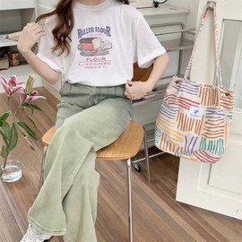 Bikasun Large Shoulder Bag Women's Cord Shoulder Bag Beach Bag Cord Bag Crossbody Bag Shopper Tote Bag Shopping Bag Handbag Shopper for Work Shopping School, Multi-Coloured Stripes