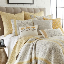 Levtex Home - St. Claire Quilt Set - Full/Queen Quilt + Two Standard Pillow Shams - Suzani and Paisleys - Grey and Yellow - Quilt Size (88x92in.) and Pillow Sham Size (26x20in.) - Reversible