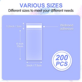 COQOFA Long Self Adhesive Cellophane Bags 3x6 200 Pcs Clear Cookie Candy Treat Bags Resealable Self Sealing Plastic Cello Bags Long Strip Transparent Individual Bags