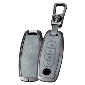 SANRILY Gray 2024 New Metal Leather 4 Button Key Fob Cover Fit for Nissan Pathfinder Rouge Kicks 2023 2024 Keyless Smart Key Case with Keychain A