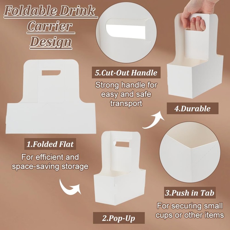 BENECREAT 25Pcs 2-Cup White Drink Carrier Handle, Paperboard Cup Holder