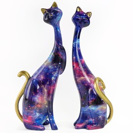 masteymoh - 2 estatuas de gato, estatua de gato, multicolor de resina para decoración del hogar, cielo estrellado, escultura de gato, animal, gatito, estatuilla moderna para el hogar, oficina,