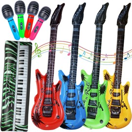 9 Pieces Inflatable Instruments Party Props Set Photo Booth Props Inflatable Guitar Saxophone Bass Lute Microphone Recorder Piano Theme Party Rock Toys Decorated Vintage Period Party
