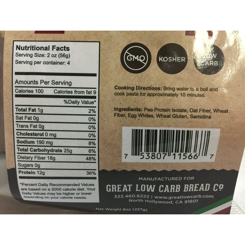 Great Low Carb Bread Co. Rotini Pasta 8 oz. Low