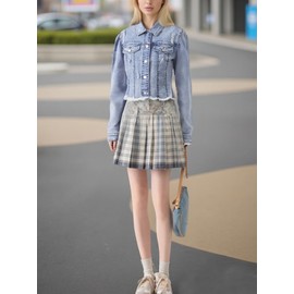 PAOLA RIBONI Women's Crop Denim Jacket Casual Long Sleeve Ripped Frayed Hem Jean Jackets (US, Alpha, X-Large, Regular, Regular, Blue)