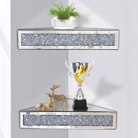 Mirrored Floating Conner Shelf, Silver Mirror Crushed Diamond Decorative Wall Shelf for Home Decoration Crystal Diamond Wall Art Decor Accent Piece Showcase 16.1" L×16.1" W×4.3" H, Set of 2