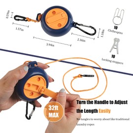 WEATAEDE 32Ft Portable Travel Clothesline Caudblor Adjustable Camping Clothes Laundry Drying Rope for Hotel Trip, Cruise, Outdoor/Indoor with 10 Windproof Clips, 10 Clothespins, 1 Storage Bag（Blue）