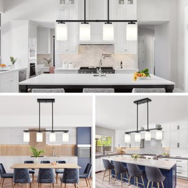 29.9'' Kitchen Island Light Fixtures, 4-Light Modern Dining Room Light Fixture, Black Pendant Lights with Milk Glass Shade, Linear Chandelier over Dining Table Lighting with Adjustable Rods, UL Listed