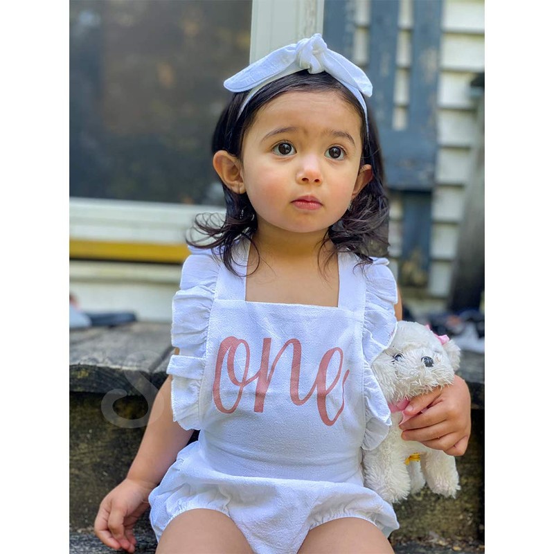 Shalofer Traje de primer cumpleaños para niña con diadema, White,