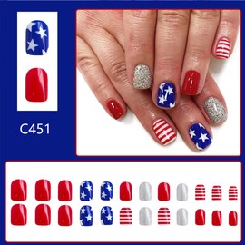 24pcs Independence Day Press on Nails Short 4th of July Fake Nails Star Glitter False Nails American Flag Nails Design Acrylic Glue on Nails Patriotic 4th of July Artificial Nails for Women Nail Art