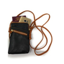Monahay Small Italian Leather Cross Body Cell Phone and Passport Travel Pouch Bag MH9723 … (Black/Tan)